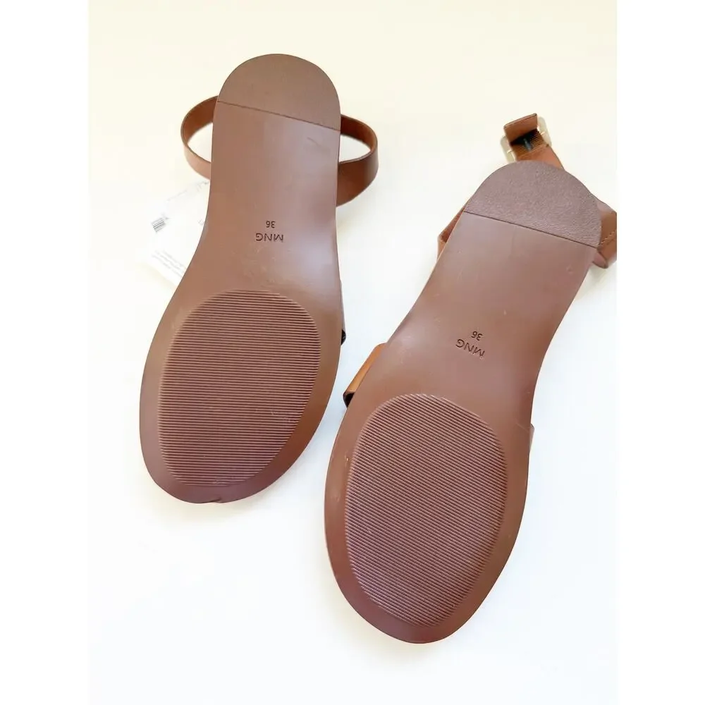 NWT Mango Leather Brown Gold Buckle Strap Sandal EU 36 Size 6